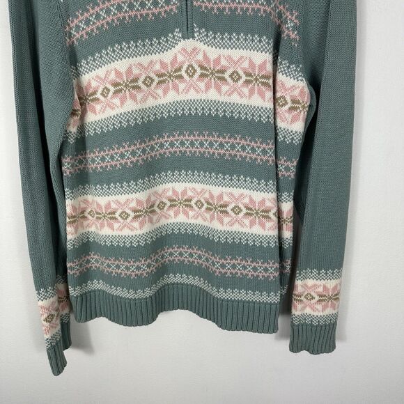 Koret Vintage Sweater Womens L Fair Isle Green Snowflake Nordic Ribbed 1/4 Zip - Picture 4 of 10